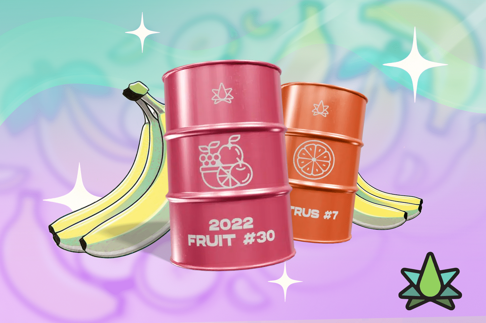 A 2022 FRUIT #30 can and a CITRUS #7 can, placed with bananas, highlight the Banana OG terpene profile against a multicolour background